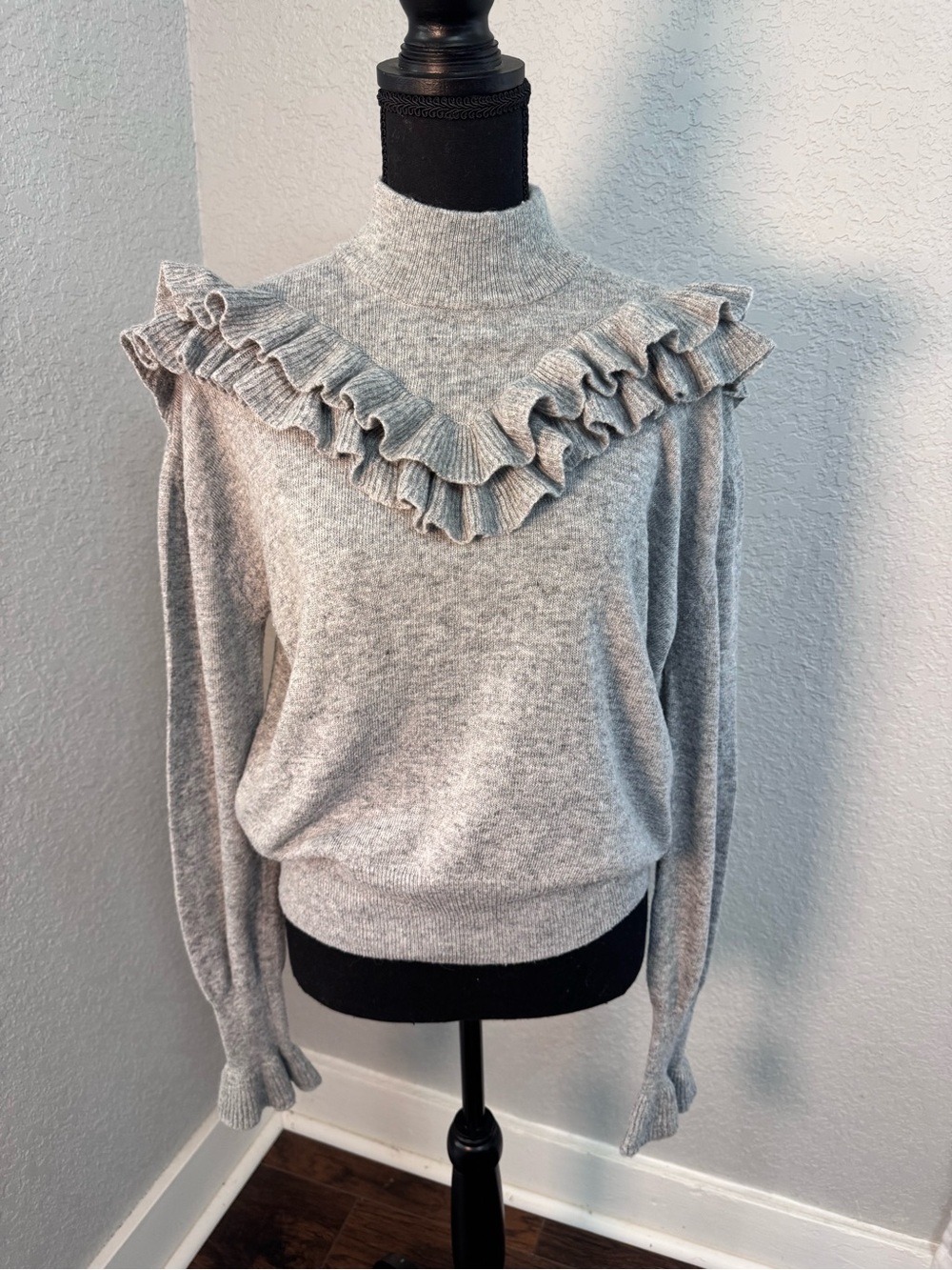 14th & Union Light Grey Ruffle Mock Neck Sweater